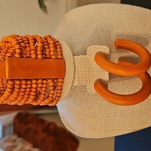 Orange Beaded  Bracelet Necklace and Earring Set